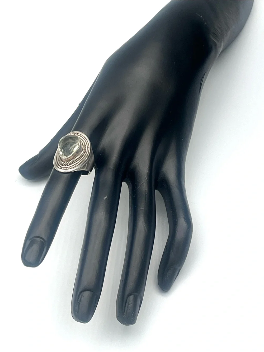 Elegant Teardrop / Pear Brittania Silver Ring with Faceted 5ct Green Amethyst